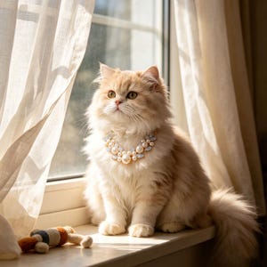 May include: A ginger and white cat wearing a pearl and crystal necklace sits on a windowsill. The cat is looking upwards, with sunlight streaming in from the window. A small toy is next to the cat.