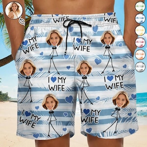 Aangepaste foto I Love My Wife-short - gepersonaliseerde unisex strandbroek, grappig cadeau echtgenoot, zomerbadmode voor koppels, vakantie-outfit