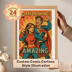 May include: A framed comic book style illustration featuring a male and female superhero. The artwork is in a vintage style with bold colors and the text "ASTONISHING!" and "THE AMAZING FEAT!" The frame is made of light-colored wood.