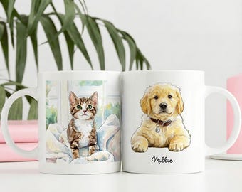 Personalisierte Haustier Porträt, individuelle Katze oder Hund Aquarell Tasse, Haustier Erinnerungsgeschenk