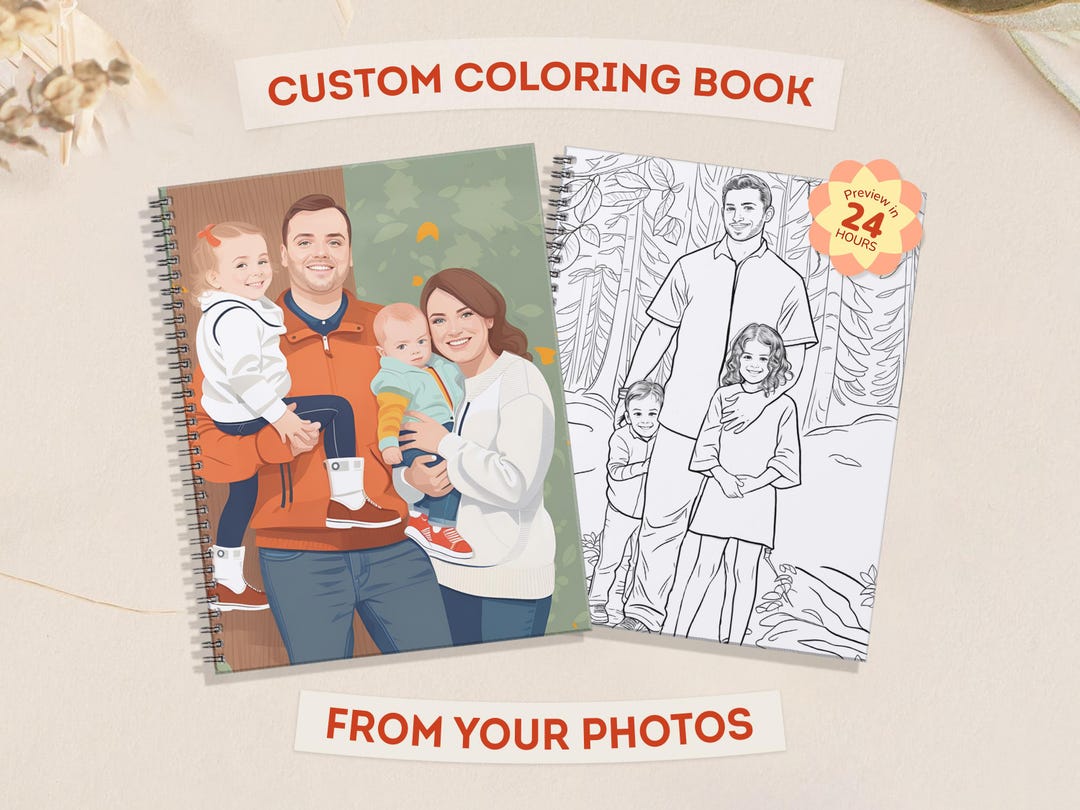 Custom Coloring Book from Photos – 12, 24, 36, or 48 Custom Coloring Pages + Colored Cover