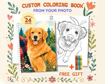 Custom Pet Coloring Book from Photo | Personalized Dog Mom Birthday Gift, Cat Lover Gift, Pet Memorial Line Art Book with Free Crayons