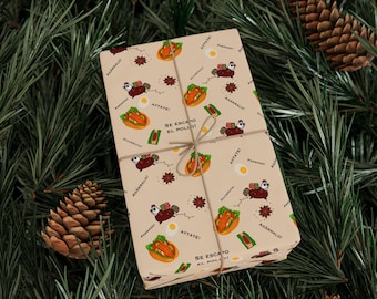 Funny Salvadoran Christmas Wrapping Paper, El Salvador Gift Wrap, Latino Holiday Wrapping Paper, Tamales & Festive Food pan con Pollo