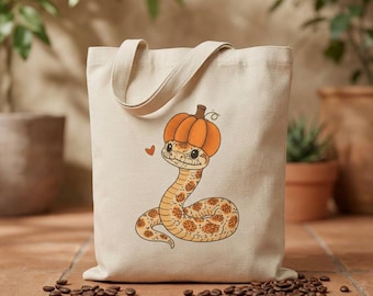 Pumpkin Spice Snake Tote Bag | Halloween Fall Pumpkin Hat Canvas Tote