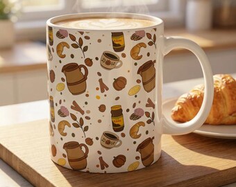 Pan Dulce & Coffee Pattern Mug | Ceramic Coffee Cup 11oz 15oz Fall Autumn Pumpkins