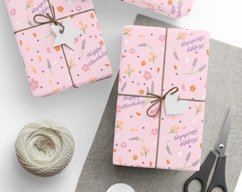 Happy Birthday Floral Wrapping Paper | Pink Confetti Flowers