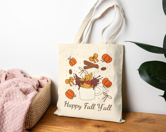 Happy Fall Yall Tote Bag | Winnie the Pooh, Fall Colors, Bows, Pumpkins, Coffee Lover Gift, Thanksgiving Tote, Autumn Shopping Bag,