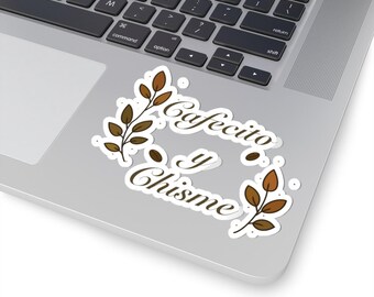 Cafecito y Chisme kiss-cut sticker | coffee leaves script