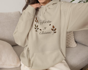 Cafecito y Chisme Hoodie | Coffee Leaf Illustration, Spanish Phrase