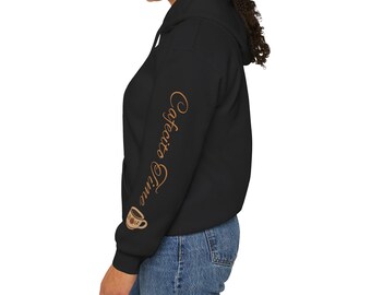 Coffee Time Sleeve Script Hoodie | Cozy sweatshirt, coffee cup graphic, minimalist style