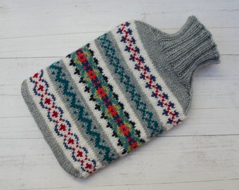 Knitted hot water bottle cover in grey multicoloured fairisle merino wool
