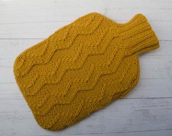 Knitted Hot water bottle Cover in Yellow Zig-Zag Wool and alpaca