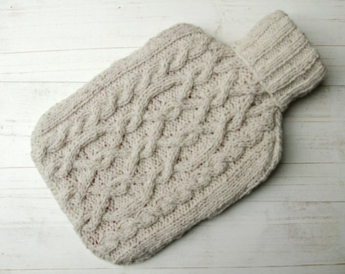 Knitted Aran Cable Hot Water Bottle Cover in Natural Oatmeal Pure Wool