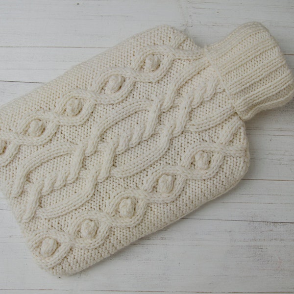 Knitted Hot water bottle Cover Aran Cable in Cream Wool