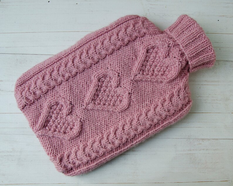 Knitted Hot water Bottle Cover in Hearts Pink Aran Cable Etsy