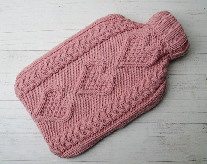 Knitted Hot Water Bottle Cover in Merino Wool Hearts Pink Aran Cable Etsy