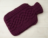 Knitted Aran Cable Hot water bottle Cover in Purple Celtic Design