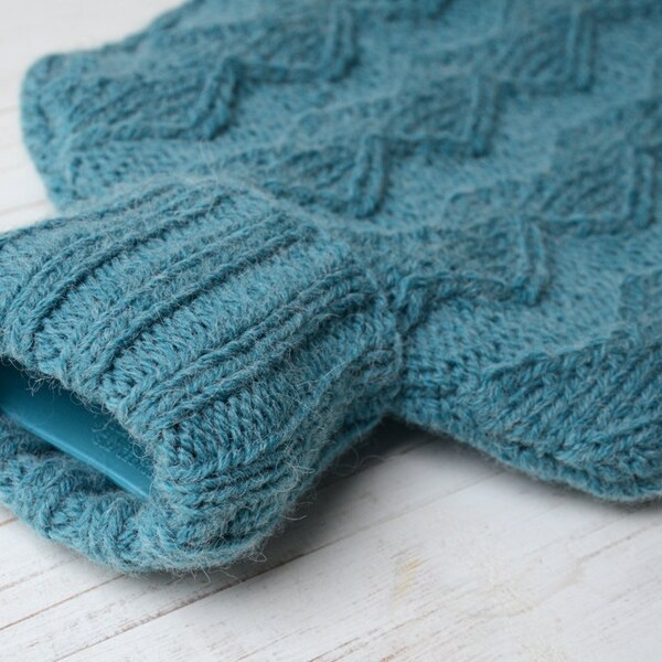 Knitted Hot water bottle Cover in Teal  Zig-Zag Texture Pattern