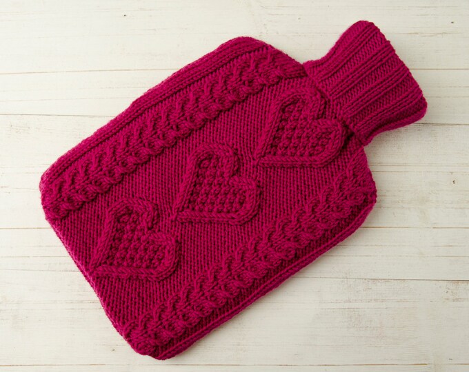 Knitted Hot Water Bottle Cover in Merino Wool Hearts Pink Aran Cable Etsy