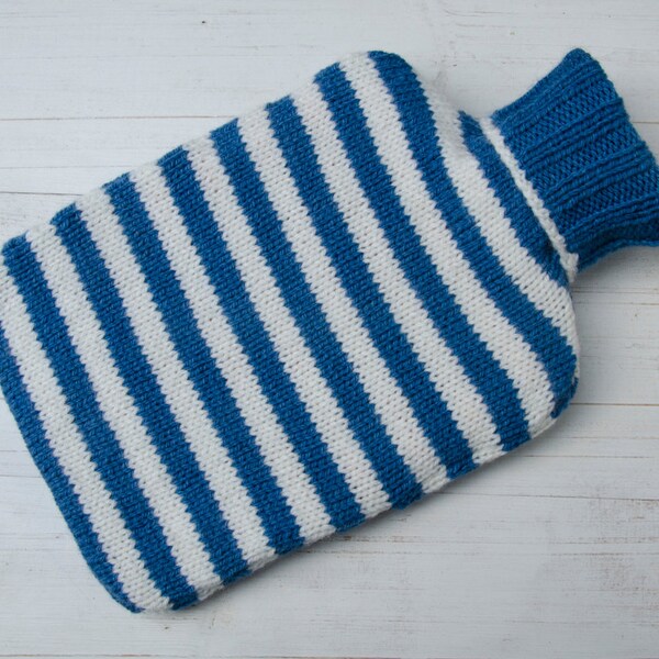 Knitted Hot Water Bottle Cover in  denim Blue and Cream stripes