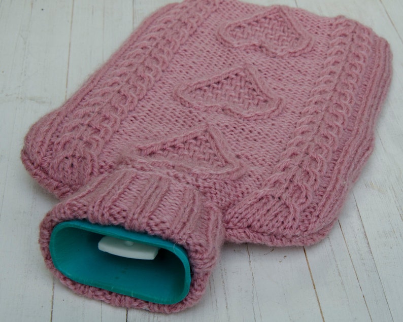 Knitted Hot water Bottle Cover in Hearts Pink Aran Cable Etsy