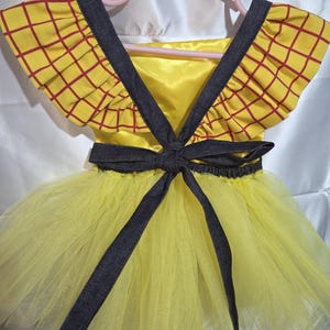 May include: A yellow and red plaid dress with a tulle skirt, reminiscent of a cartoon character. The dress features a dark gray bow and straps, and is hanging on a pink hanger.