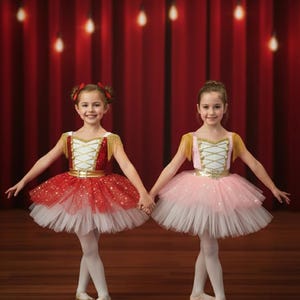May include: Two ballet costumes featuring sequined bodices with white lace-up detailing, gold fringe shoulder accents, and metallic gold waist belts. The skirts consist of layered tulle with star patterns, paired with opaque white tights and ballet slippers.