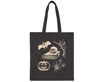 Gothic Skull Cotton Canvas Tote Bag, Dark Academia Halloween Sack