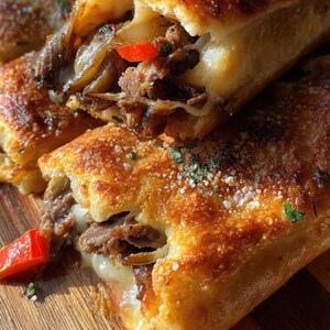 May include: Close-up of Philly cheesesteak stuffed cheesy breadsticks. The breadsticks are golden brown and filled with meat, cheese, onions, and red peppers. The text "Philly Cheesesteak Stuffed Cheesy Breadsticks" is in the image.