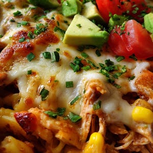 Può includere: Fiesta Chicken Casserole, un piatto colorato con formaggio fuso, pollo, mais e pasta. Guarnito con avocado a cubetti, pomodori ed erbe fresche. Il testo "FIESTA CHICKEN CASSEROLE" è visualizzato in un rettangolo giallo.