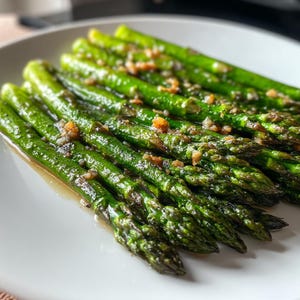 May include: A plate of cooked asparagus spears, glistening with a light sauce and sprinkled with small, golden-brown pieces. The asparagus is a vibrant green color, arranged on a white plate.