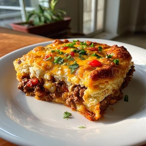 Puede incluir: Una porción de cazuela salada en un plato blanco. El plato presenta una capa superior dorada y horneada, un relleno de carne picada y verduras, y está adornado con hierbas frescas y pimientos rojos. La comida está bien iluminada.