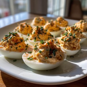 May include: A serving of devilled eggs, a popular starter. The eggs are cut in half, filled with a creamy, orange filling, and topped with fresh green chives and a dusting of paprika. The white egg halves are presented on a white plate.