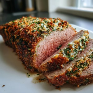 May include: A sliced, roasted joint of meat with a golden-brown, herb-crusted exterior. The interior is pink, and the dish is served on a white plate. The crust is made of breadcrumbs and herbs, adding texture and colour to the dish.