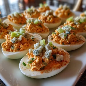 May include: A plate of devilled eggs, each halved and filled with an orange mixture. Garnished with blue cheese, green celery, and chives. The eggs are arranged on a white rectangular plate, a classic appetizer.