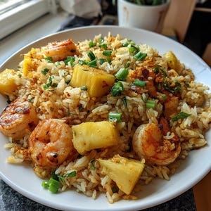 Puede incluir: Un plato de arroz frito con piña, camarones a la plancha y cebolletas picadas. El arroz es de color marrón dorado, con trozos de piña amarilla y varios camarones rosados. El plato está adornado con cebolletas frescas.