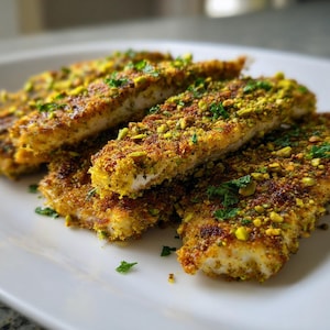 May include: A close-up of several pieces of breaded chicken or fish, coated in a vibrant green pistachio crust. Garnished with fresh green herbs, the golden-brown pieces are arranged on a white plate, creating a visually appealing meal.