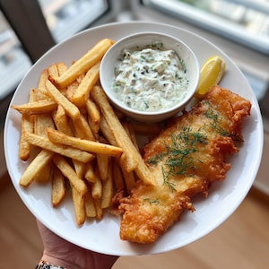 May include: A plate of fish and chips with tartar sauce and a lemon wedge. The fish is golden brown and crispy, garnished with fresh dill. The fries are thick-cut and golden, and the tartar sauce is in a small white bowl.