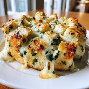 Könnte beinhalten: Ein gebackenes Brotgericht mit geschmolzenem Käse und grünen Kräutern auf einem weißen Teller. Das Brot ist goldbraun und hat eine weiche, fluffige Textur. Der Käse ist geschmolzen und fadenziehend, mit sichtbaren Kräutern.