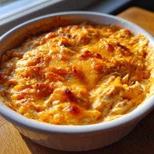 May include: A close-up shot of a baked dish in a white ceramic bowl. The dish is filled with a creamy, golden-brown mixture, likely a casserole or dip, with a bubbly, melted cheese topping. The food is well-lit, suggesting a warm, inviting meal.