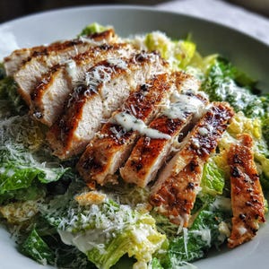 Puede incluir: Primer plano de una ensalada César con pollo a la parrilla en rodajas. El pollo es dorado y en rodajas, rociado con una salsa blanca cremosa y espolvoreado con queso rallado. La ensalada presenta lechuga romana verde crujiente.