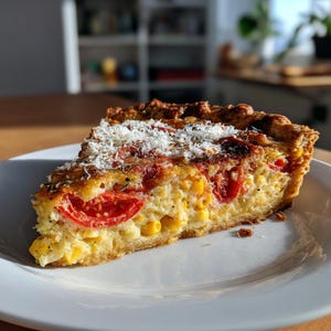 May include: A slice of savory quiche on a white plate. The quiche features visible ingredients like corn, red tomatoes, and a sprinkle of grated cheese. The crust is golden brown and flaky. The dish is set against a blurred background.