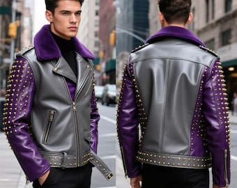 Handmade Studded Leather Biker Jacket: Gray & Purple Moto Coat