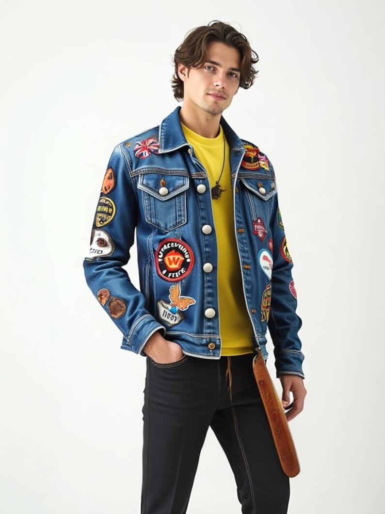 May include: A blue denim jacket with multiple colorful patches, including a peace sign, a butterfly, and a crown. The jacket has a yellow button closure and is worn over a yellow t-shirt.