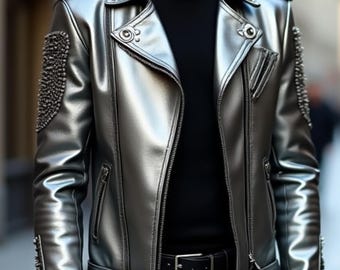 Handmade Silver Studded Leather Biker Jacket – Metallic Moto Rocker Coat – Custom Sizes Available - Designer&#39;s Wardrobe