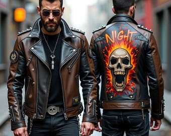 May include: A brown and black leather jacket with a skull and flames design on the back. The jacket has a classic biker style with a notched collar, zipper closure, and studded accents. The word "NIGHT" is above the skull.