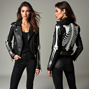 Könnte beinhalten: Schwarze Kunstlederjacke mit weißem Skelettknochen-Design auf den Ärmeln und dem Rücken. Die Jacke hat einen klassischen Biker-Stil mit einem Reverskragen, Reißverschlussdetails und einem Gürtel in der Taille. Das Model trägt eine schwarze Hose.