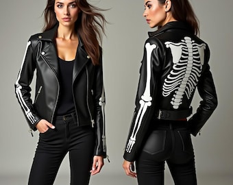Handmade Black Leather Skeleton Biker Jacket - Gothic Moto Style
