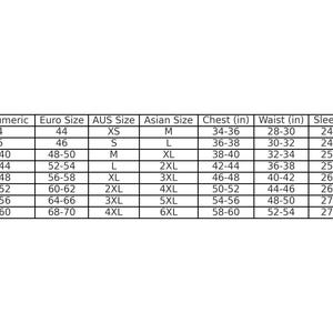 May include: Size chart for clothing with measurements in inches for USA (letter), USA (numeric), Euro, AUS, Asian, chest, waist, sleeve, and shoulder.