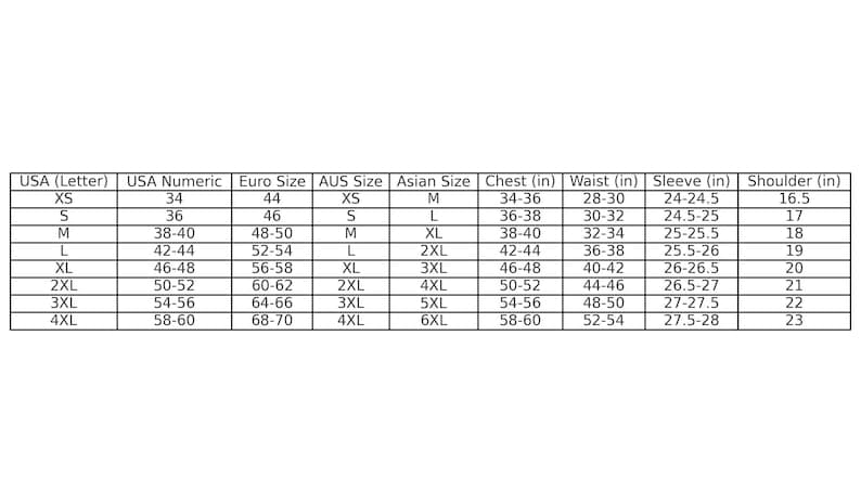 May include: Size chart for clothing with measurements in inches for USA (letter), USA (numeric), Euro, AUS, Asian, chest, waist, sleeve, and shoulder.